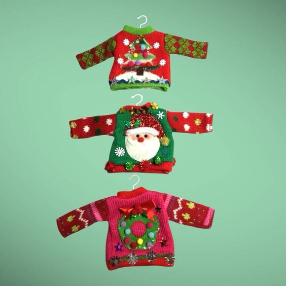3 Mini Ugly Sweater Christmas Tree Ornaments - Santa Christmas Tree Wreath - Picture 5 of 5